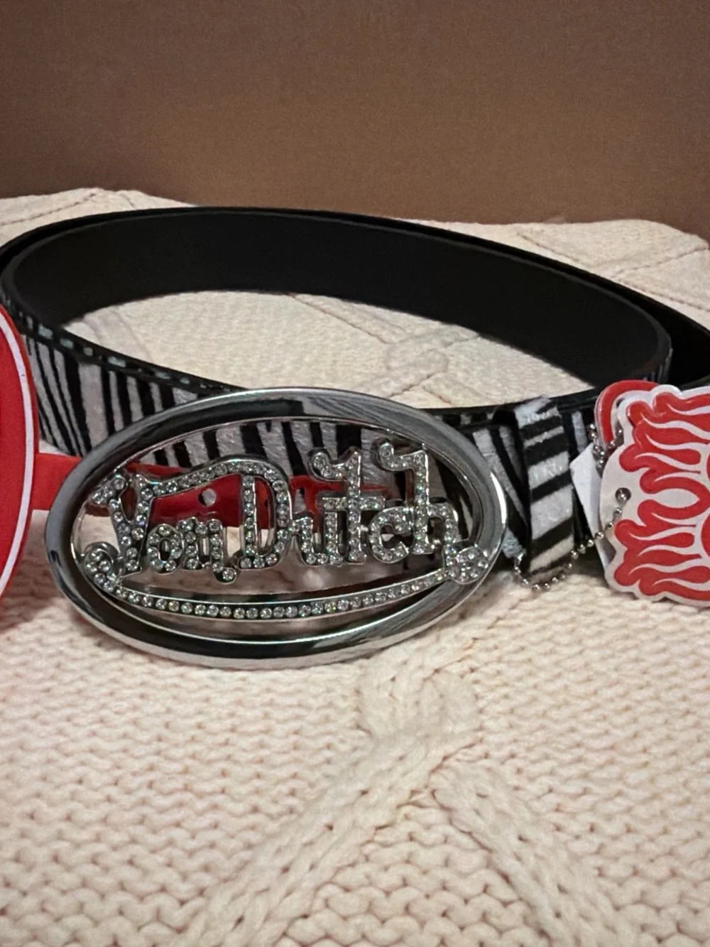 Von Dutch Black & White Zebra Belt with Red Flame Accents